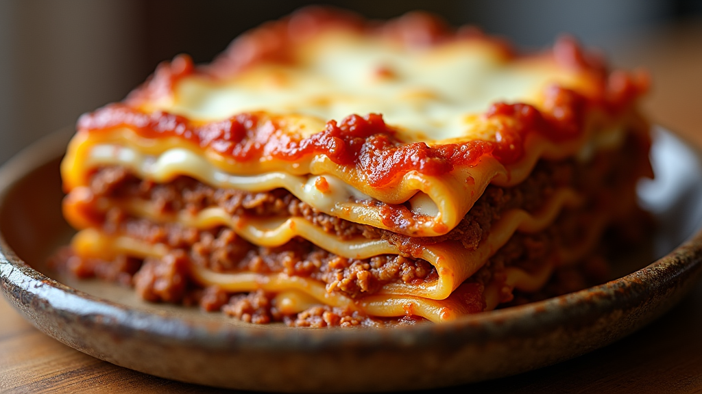 Delicious lasagne in a rustic dish