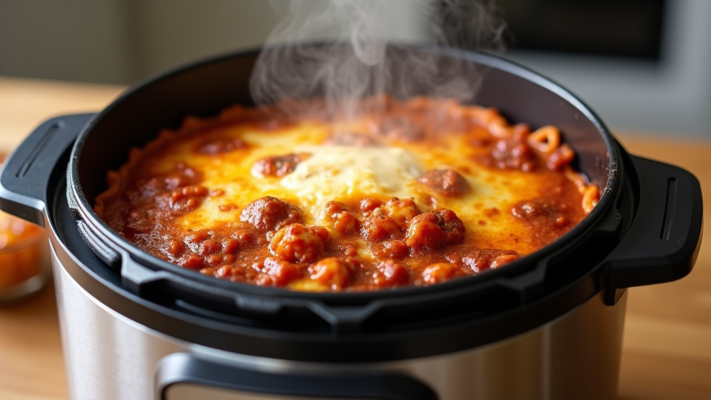 A bubbling traditional lasagne in a Ninja multi-cooker, with golden, cheesy top and visible layers of pasta and sauce.