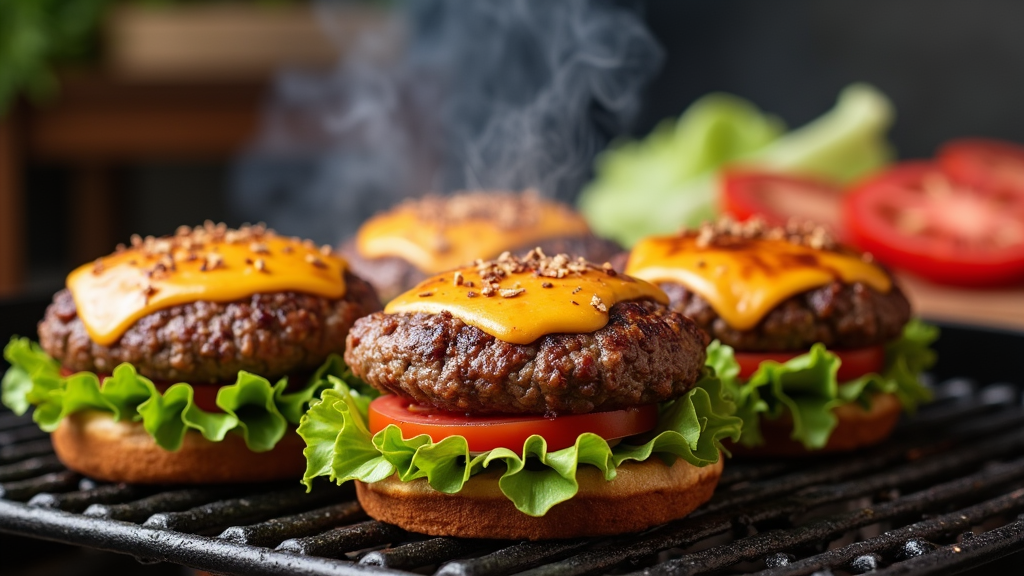 Juicy burgers sizzling on a BBQ grill with melted cheese, fresh lettuce, and sliced tomatoes in the background
