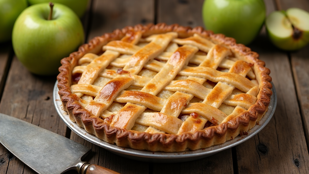 A golden lattice-topped apple pie on a rustic wooden table with green Bramley apples and a vintage pie server nearby.